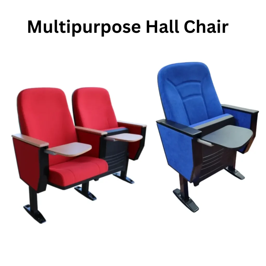 Premium auditorium chair with robust metallic frame, grey powder-coated legs, and rubber glides for floor-friendly movement.