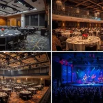 A collage-style single photo of different event types in sound-optimized spaces. Examples include a corpo