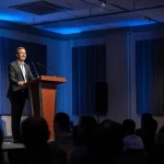 A presenter speaking at a podium or onstage with visible acoustic elements in the background, such as wal