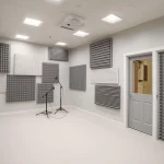 A simple, real studio photo showing both wall acoustic treatment (panels, diffusers) and structural elements that