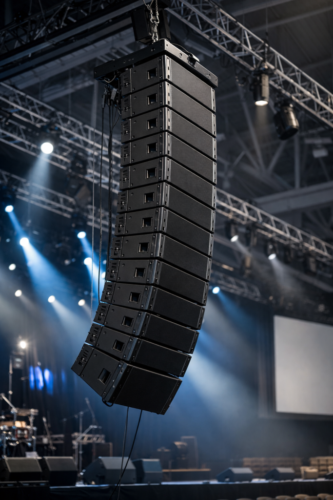 Line array sound system installed in a large auditorium for clear and even sound coverage