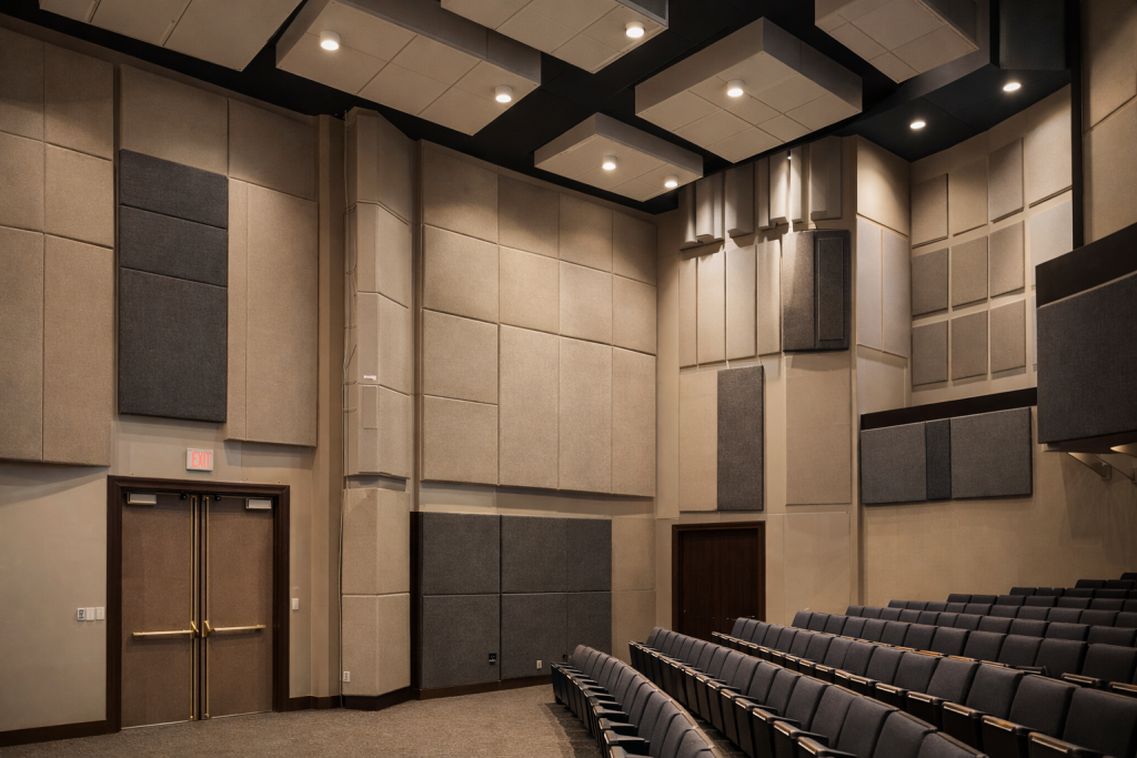 Soundproofed auditorium with acoustic wall panels and noise control treatment