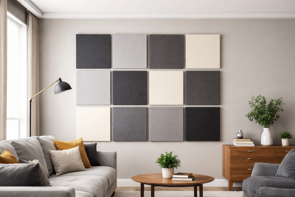 "Modern living room in Pakistan featuring a 12-panel acoustic soundproof wall with neutral gray and beige panels, a gray sofa with cushions, wooden coffee table, indoor plants, and floor lamp, showcasing a quiet and comfortable space."