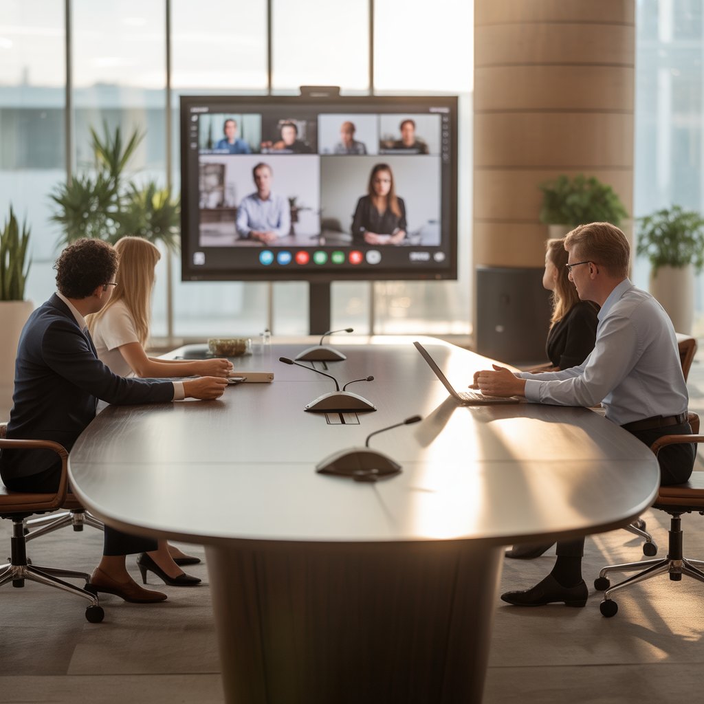 Modern conference room with digital conference system featuring integrated microphones and large display screen for video meetings