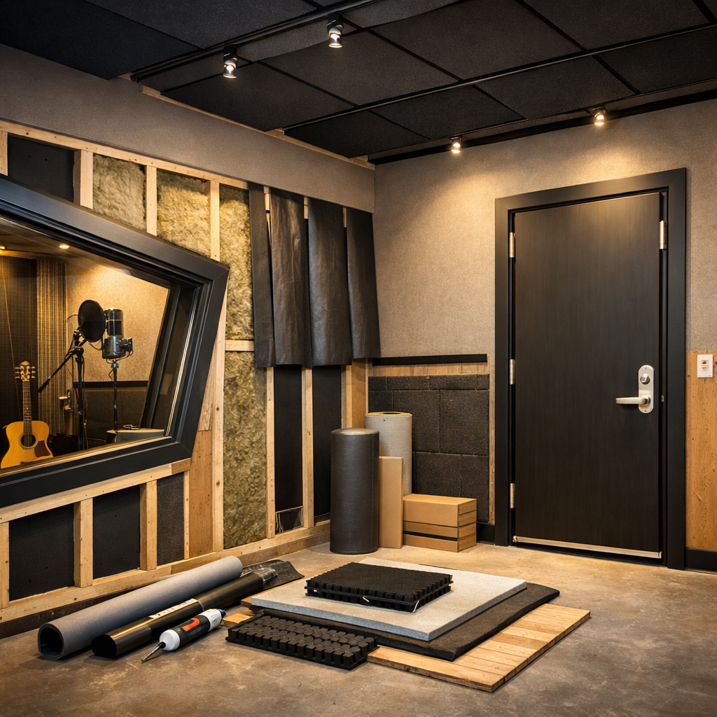 Professional recording studio soundproofing setup showing insulated walls, acoustic materials, solid studio door, and a sound-isolated recording booth with microphone.