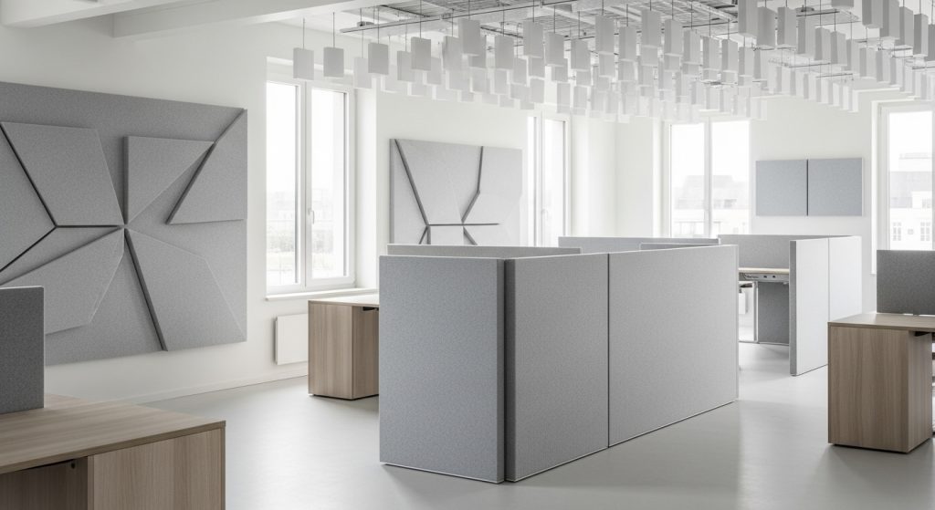 Acoustic protection panels installed in a modern office for sound isolation and noise control