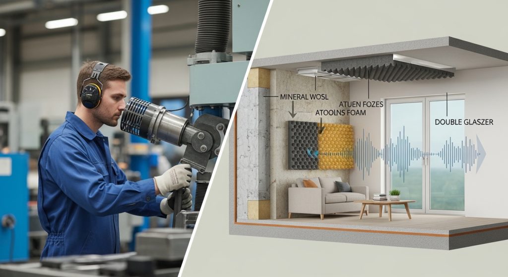 Acoustic protection example showing industrial hearing protection and residential soundproofing materials blocking noise.