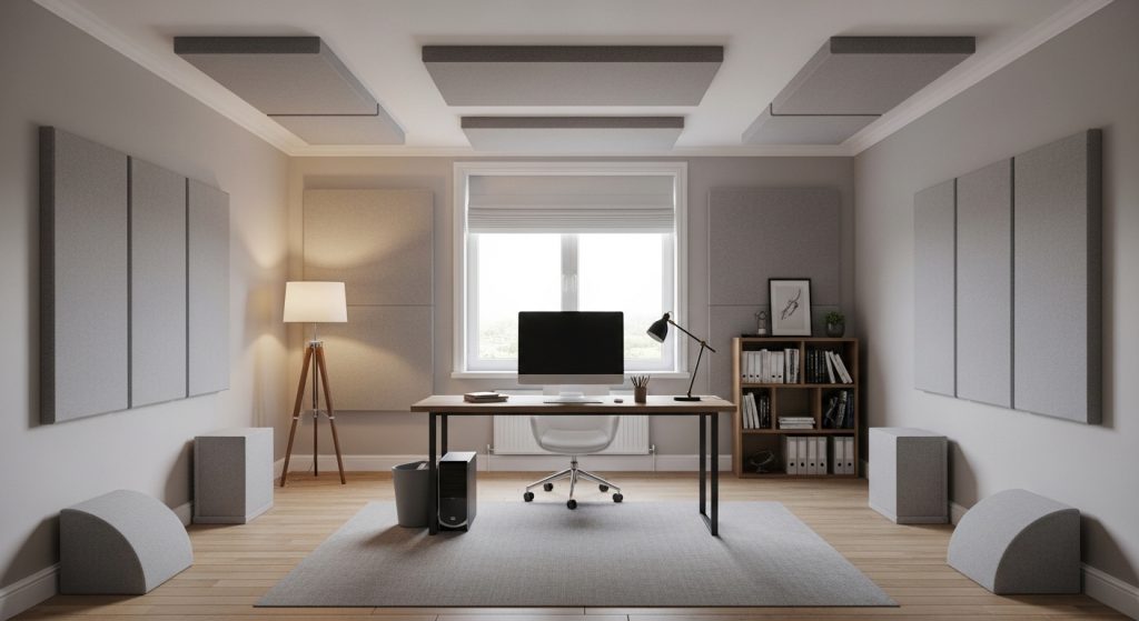 Modern home office with soundproof acoustic panels on walls and ceiling, including corner bass traps for improved room acoustics and echo reduction.