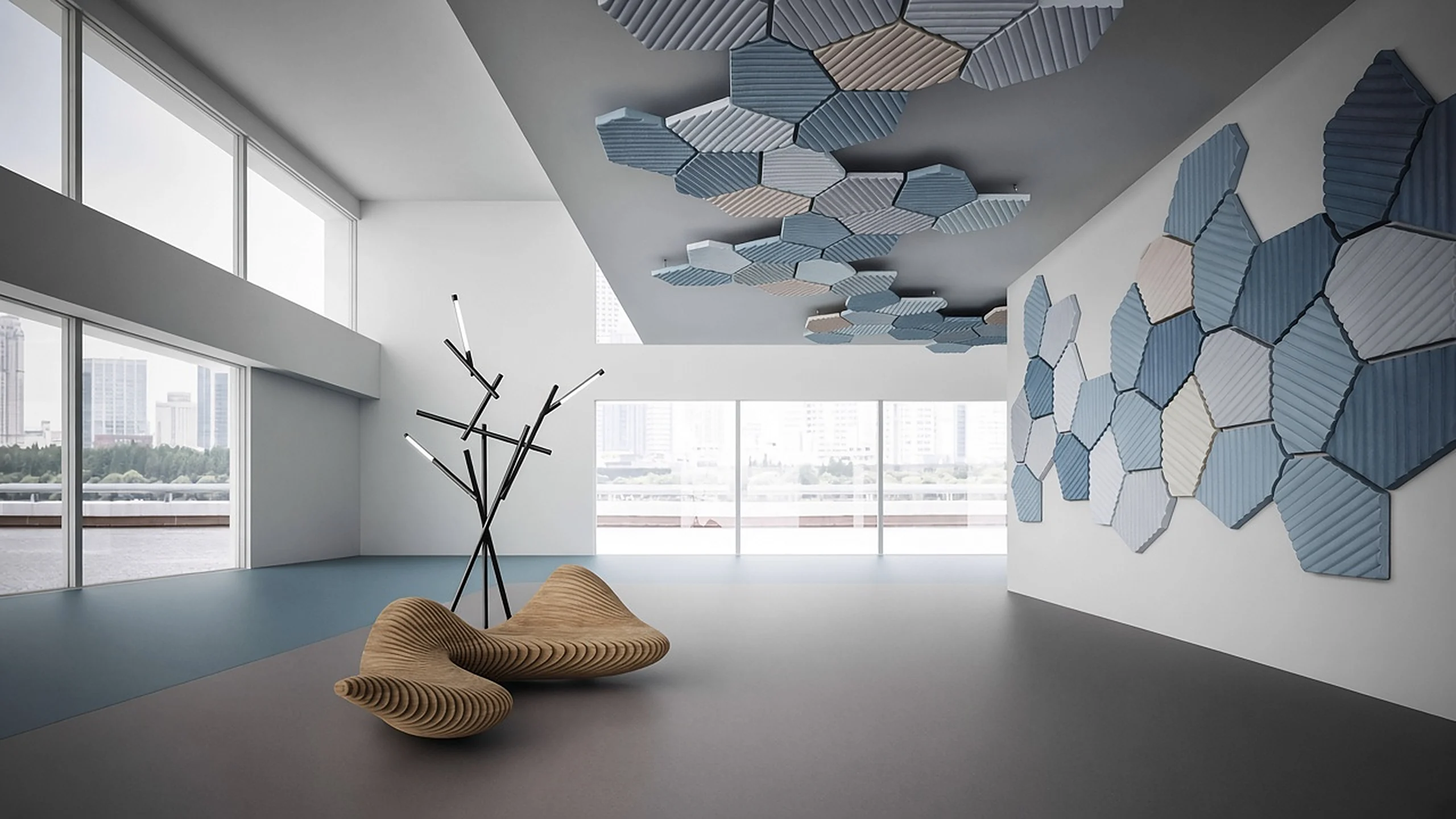 Hexagonal fluted acoustic wall panels and ceiling baffles in a modern open space